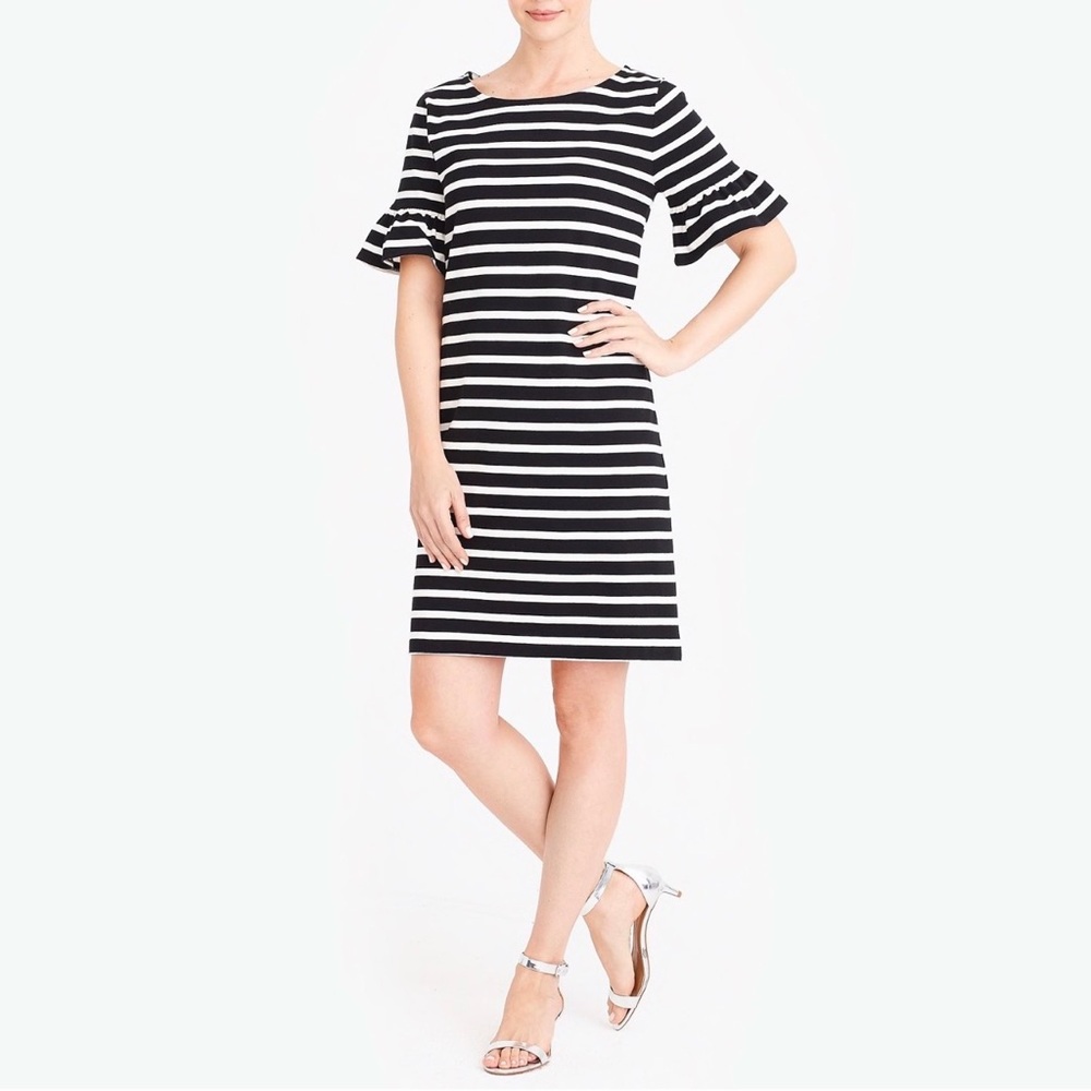 J. Crew Black White Striped Shift Dress Ruffle Sleeve Knee Length Women S